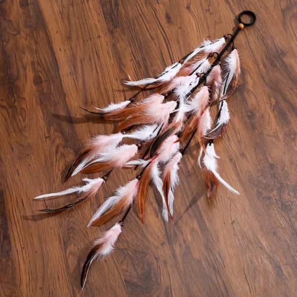 Boho Pink and White Long Feather Elastic Hair Tie - Picture 2 of 14